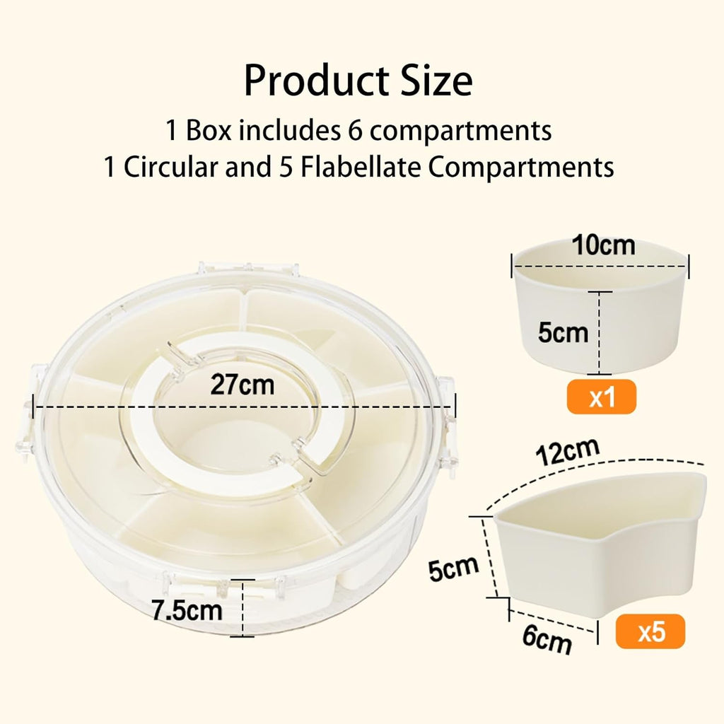 Snackbox mit Fächern, Rund Spinner Snackbox Kinder mit 6 Fächern, Herausnehmbare Snackteller mit Deckel und Griff, Picknick Box für SüßIgkeiten Obst Gemüse -Round