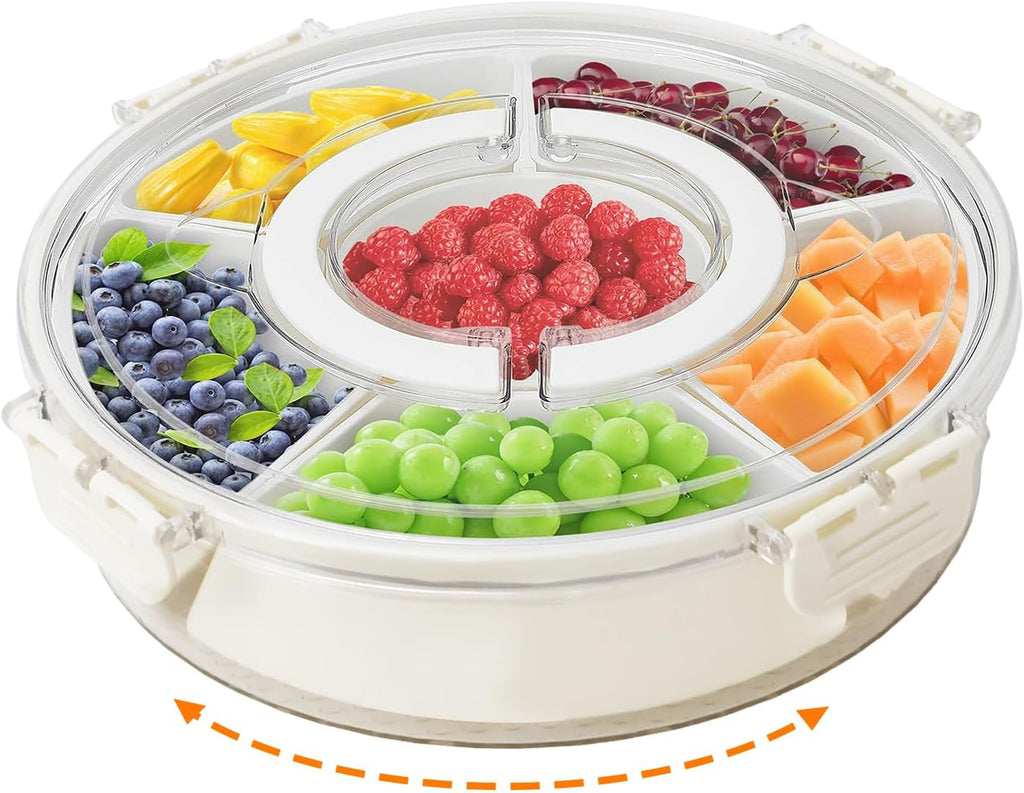 Snackbox mit Fächern, Rund Spinner Snackbox Kinder mit 6 Fächern, Herausnehmbare Snackteller mit Deckel und Griff, Picknick Box für SüßIgkeiten Obst Gemüse -Round