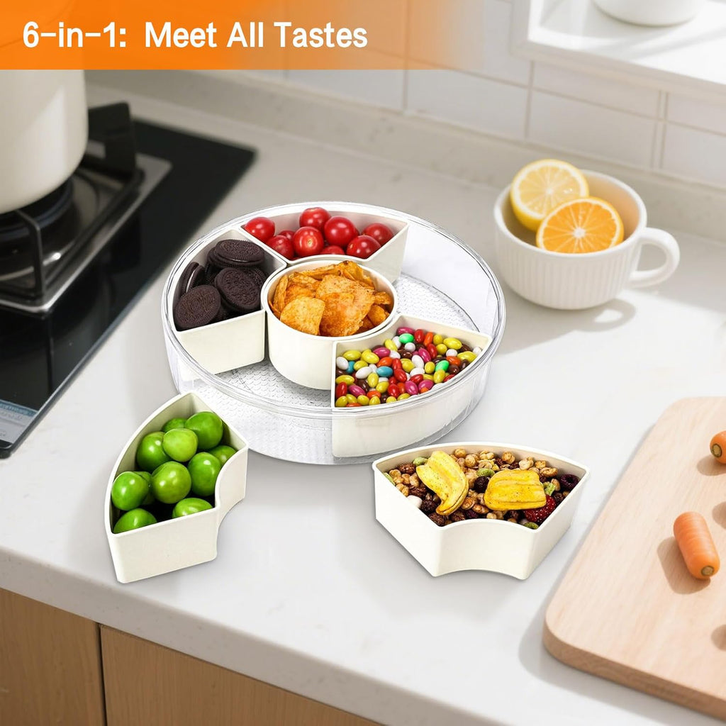 Snackbox mit Fächern, Rund Spinner Snackbox Kinder mit 6 Fächern, Herausnehmbare Snackteller mit Deckel und Griff, Picknick Box für SüßIgkeiten Obst Gemüse -Round