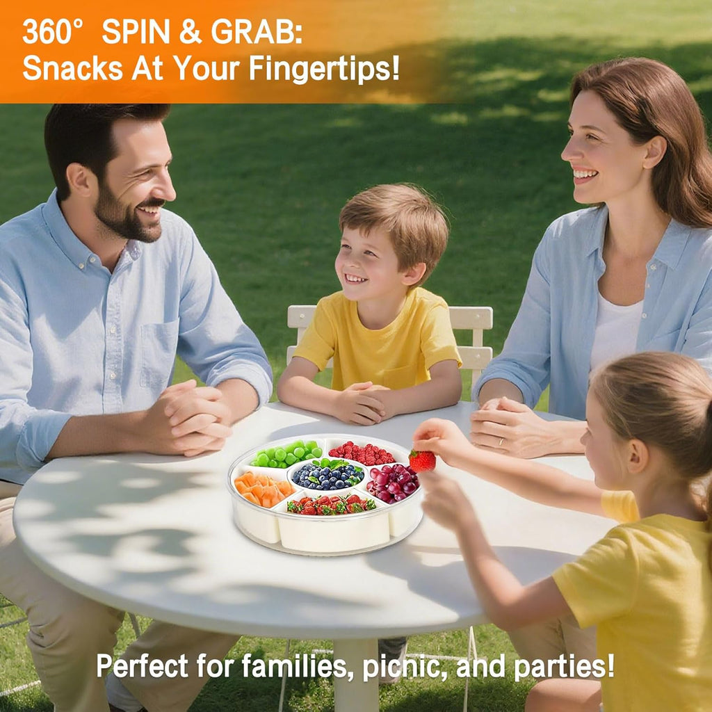 Snackbox mit Fächern, Rund Spinner Snackbox Kinder mit 6 Fächern, Herausnehmbare Snackteller mit Deckel und Griff, Picknick Box für SüßIgkeiten Obst Gemüse -Round